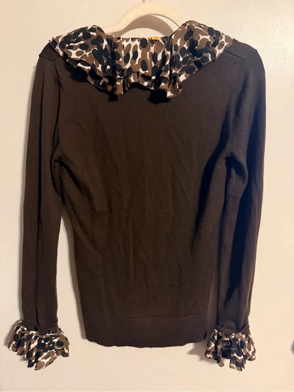 Tory Burch Ruffle Neck Sweater M Brown Merino Wool Silk Animal Print Cuffs